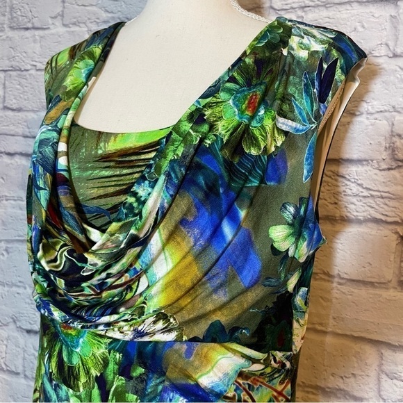 CARRE Noir Sleeveless Abstract Botanical Midi Dress Draped Neckline Size 14 - Picture 3 of 10